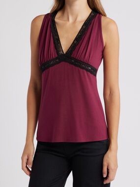Loveappella Lace Inset Tank Top – XS – Burgundy & Black NWOT